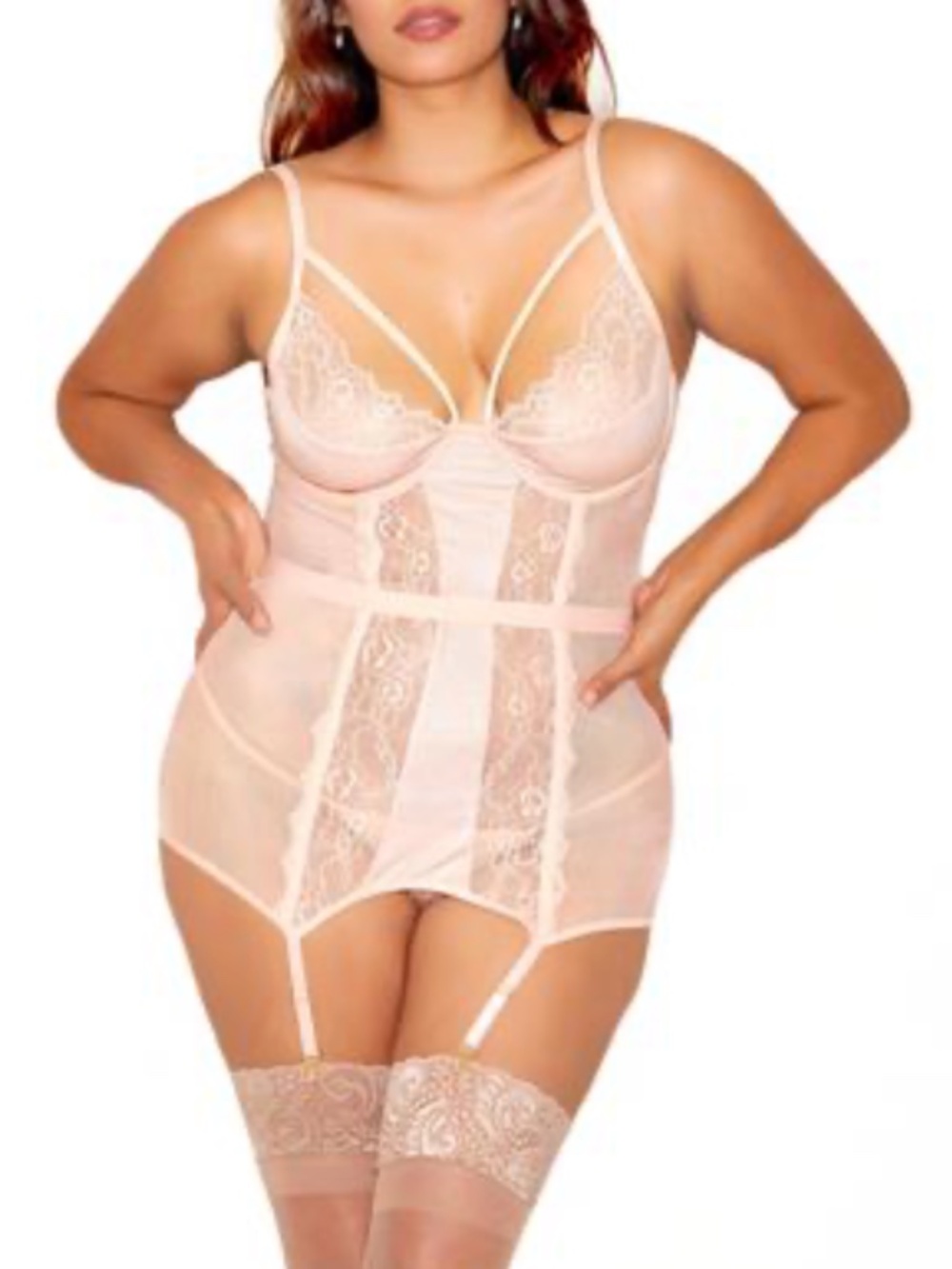 Clair Plus Size Elegant Floral Lace Chemise and Panty 2pc Lingerie Set - Champag
